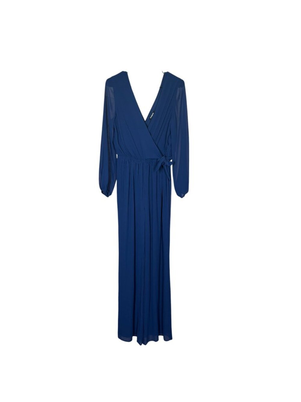 Express Blue Long Sleeve V Neck Open Back Long Chiffon Jumpsuit Medium